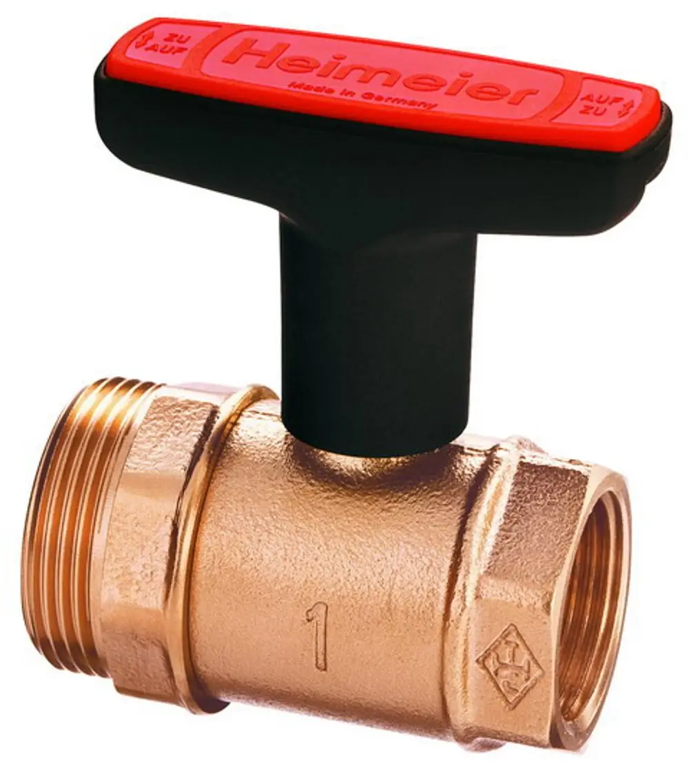 Heizungsabsperrventil mit rotem Handrad und Außengewinde, gefertigt aus Rotguss. Erkennbar sind das Herstellerlogo und die Qualität von IMI Hydronic Engineering.